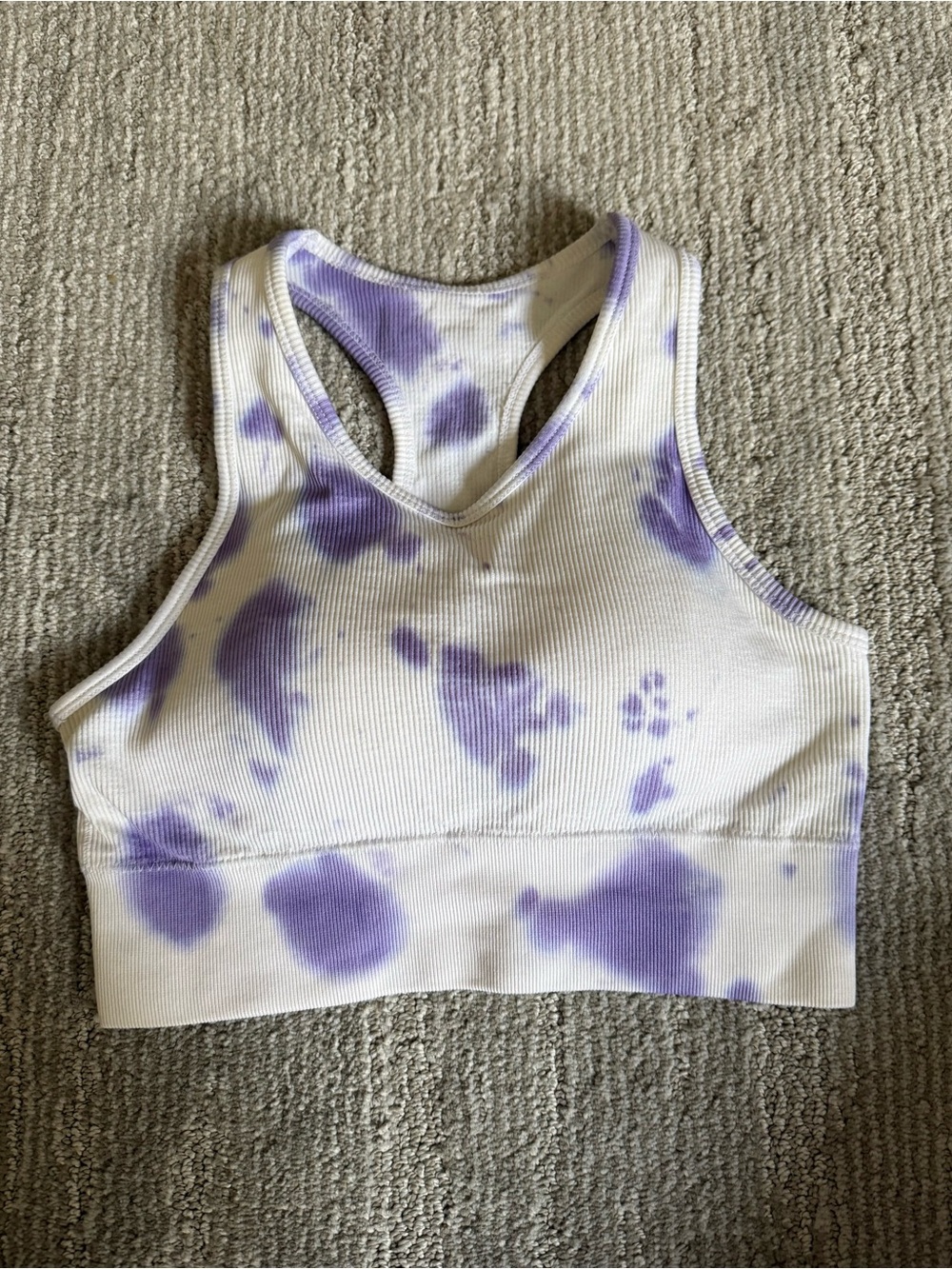 White and Purple Tie-Dye Ribbed Racerback Cropped Athletic Top